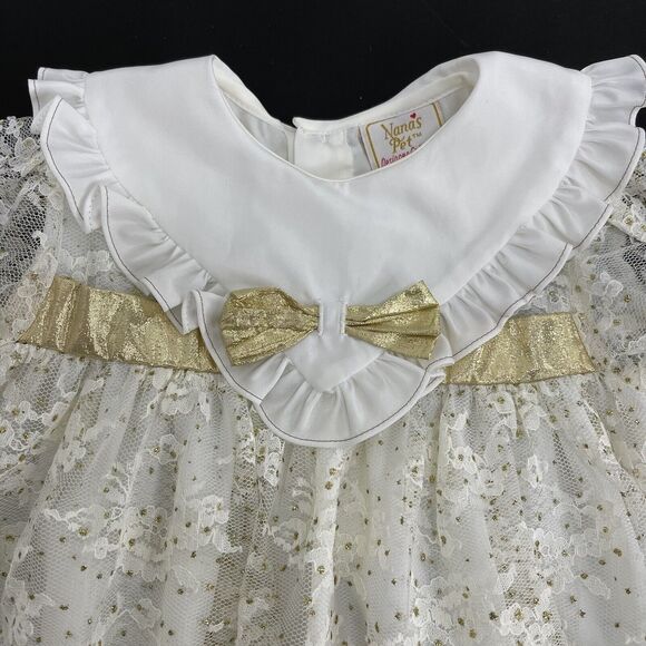 Vintage Nana’s Pet Designer Lace Ivory Gold Satin Dress 12 Months Wedding Lovely - Picture 9 of 9